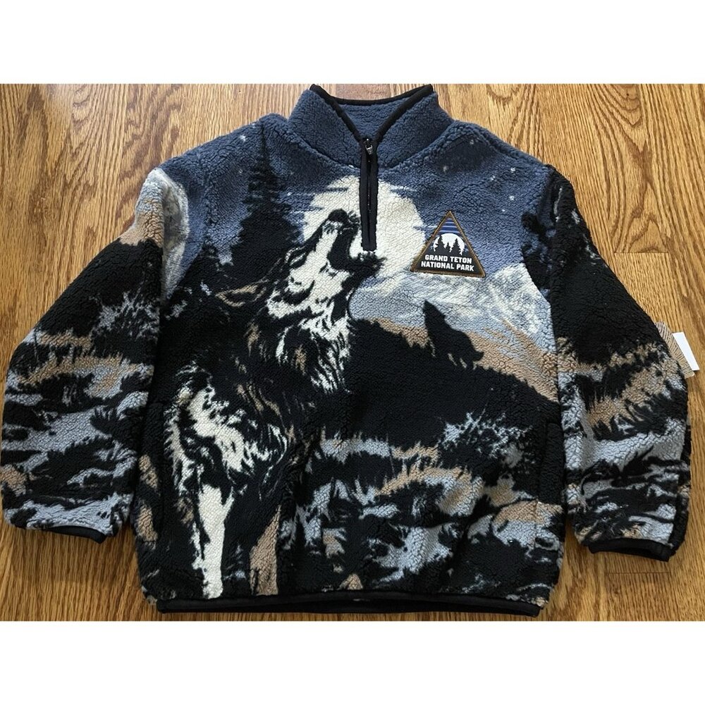 Grand Teton National Park Sweatshirt Boys Pullover Size 6/7 Sherpa Wolf 1/4 Zip - Picture 1 of 9
